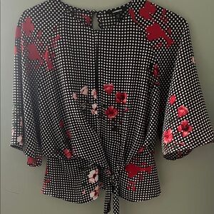 Express Black Gingham Tie-Front Blouse with Red Floral Print